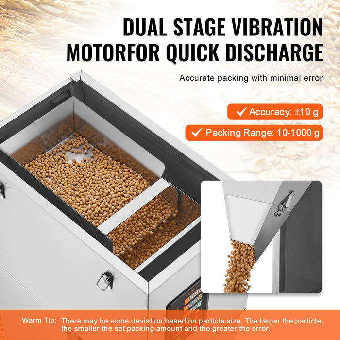 VEVOR Particle Filling Machine, 10-1000g, Automatic Filler Machine with Foot Pedal, Stainless Steel Weighing Filling Machine, Weigh Filler Packing Machine for Beans Seeds Grains Tea Granular Packing
