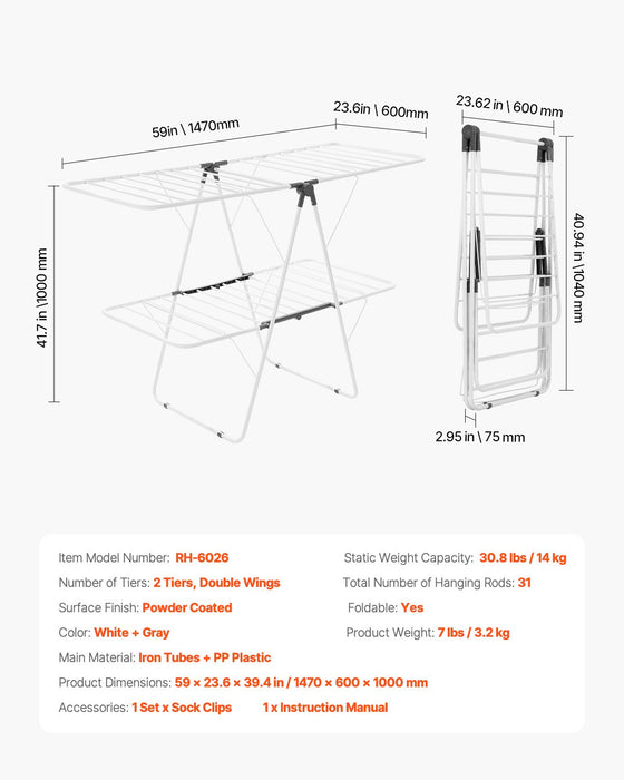 VEVOR 2-Tier Foldable Clothes Drying Rack with Sock Clips & 31 Drying Rods White