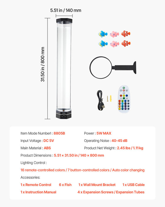 VEVOR Bubble Tube Lamp 16 Color 80 cm Sensory Aquarium Lamp for Relief Calming