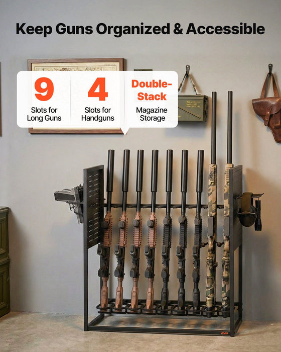 Gun Rack, Floor Standing, Indoor Heavy Duty Steel Rifle Shotgun Rack Stand, Freestanding Gun Display Storage with Magazine Holder, Holds up to 9 Rifles and 4 Pistols, for Home Garage Storage