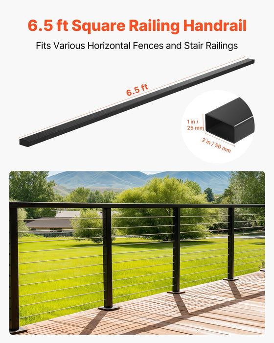 198 cm Stainless Steel Handrail, Rectangular Top Stair Deck Hand Rail for Outdoor/Indoor Steps with End Cap,Matte Black Coating Adjustable Metal Stair Rail for Cable Railing Kit