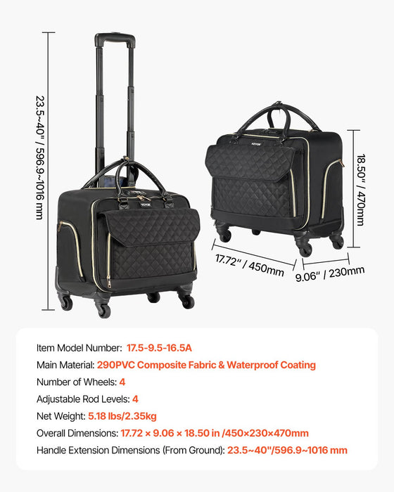 VEVOR Rolling Laptop Bag, Fits Up to 17.3 Inch Laptop, Wheeled Briefcase, Roller Computer Tote Bag with 4 Spinner Wheels & TSA Lock, Laptop Case for Work Travel Business, Women & Men (Black Gold)