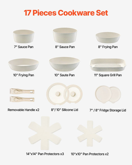 17 Piece Pots and Pans Set Nonstick, Detachable Handle Cookware, Space Saving Induction cookware set, Kitchen RV Cooking Sets, with Frying, Sauce, Saute, Tempered Glass Lids, Oven Safe, White