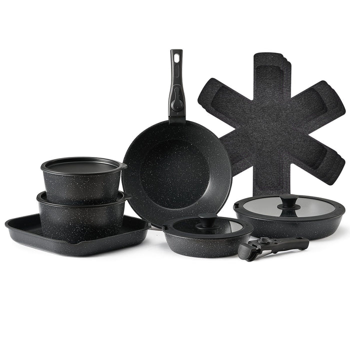 17 Piece Pots and Pans Set, Granite Nonstick Detachable Handle Cookware, Space Saving Induction Cookwares, Kitchen RV Cooking Sets with Frying, Sauce, Saute, Tempered Glass Lid, Oven Safe, Black