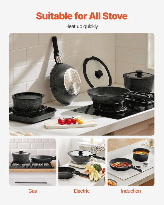 17 Piece Pots and Pans Set, Granite Nonstick Detachable Handle Cookware, Space Saving Induction Cookwares, Kitchen RV Cooking Sets with Frying, Sauce, Saute, Tempered Glass Lid, Oven Safe, Black