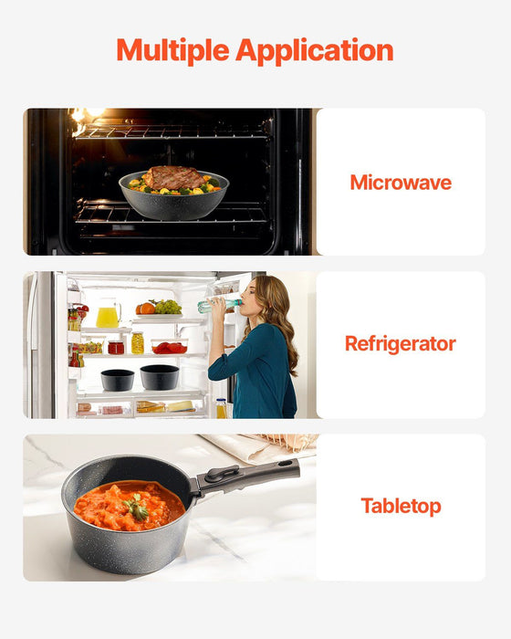 17 Piece Pots and Pans Set, Granite Nonstick Detachable Handle Cookware, Space Saving Induction Cookwares, Kitchen RV Cooking Sets with Frying, Sauce, Saute, Tempered Glass Lid, Oven Safe, Black