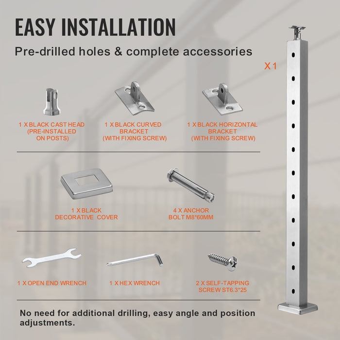 VEVOR Cable Railing Post Level Deck Stair Post 36 x 0.98 x 1.97" Cable Handrail Post Stainless Steel Wire Drawing Deck Railing Pre-Drilled Pickets with Mounting Bracket Stair Railing Kit Silver, 91.4*2.5*5cm
