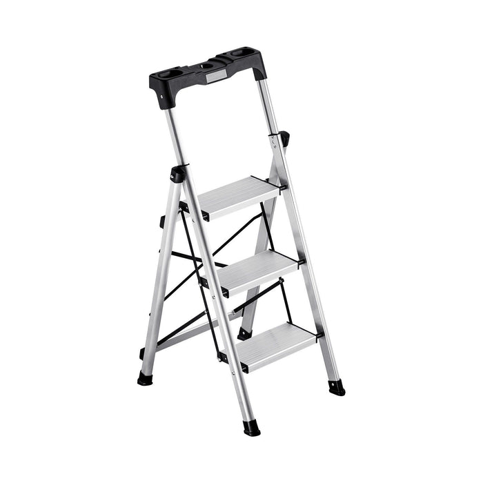 3 Step Ladder, Folding Step Stool with Wide Anti-Slip Pedal and Comfort Handgrip, 150 kg Capacity Portable Aluminum Stepladder, Multi-Use for Kitchen, Warehouse, Household and Office, Silver