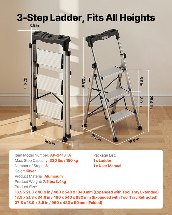 3 Step Ladder, Folding Step Stool with Wide Anti-Slip Pedal and Comfort Handgrip, 150 kg Capacity Portable Aluminum Stepladder, Multi-Use for Kitchen, Warehouse, Household and Office, Silver