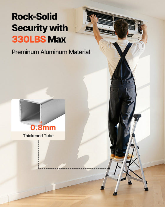 3 Step Ladder, Folding Step Stool with Wide Anti-Slip Pedal and Comfort Handgrip, 150 kg Capacity Portable Aluminum Stepladder, Multi-Use for Kitchen, Warehouse, Household and Office, Silver