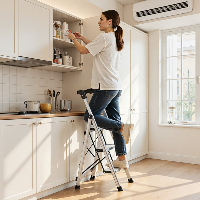 3 Step Ladder, Folding Step Stool with Wide Anti-Slip Pedal and Comfort Handgrip, 150 kg Capacity Portable Aluminum Stepladder, Multi-Use for Kitchen, Warehouse, Household and Office, Silver