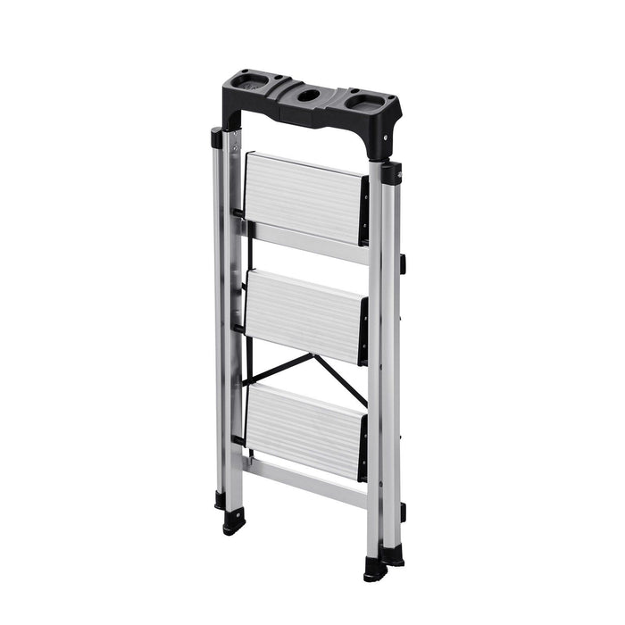 3 Step Ladder, Folding Step Stool with Wide Anti-Slip Pedal and Comfort Handgrip, 150 kg Capacity Portable Aluminum Stepladder, Multi-Use for Kitchen, Warehouse, Household and Office, Silver