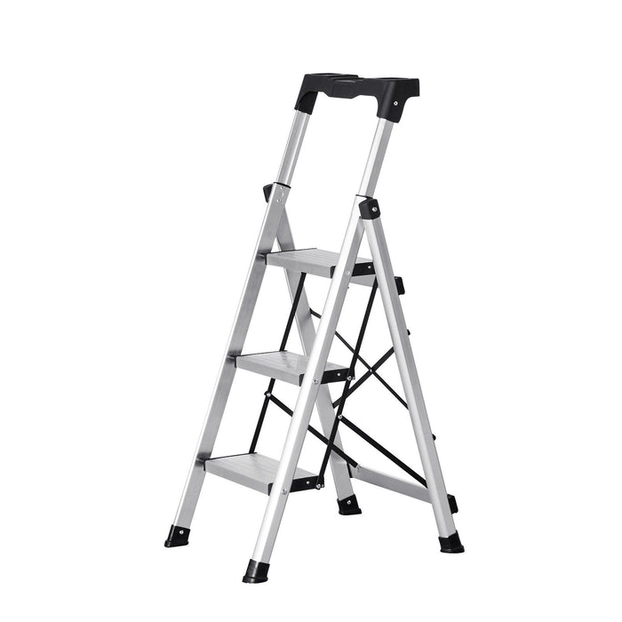 3 Step Ladder, Folding Step Stool with Wide Anti-Slip Pedal and Comfort Handgrip, 150 kg Capacity Portable Aluminum Stepladder, Multi-Use for Kitchen, Warehouse, Household and Office, Silver