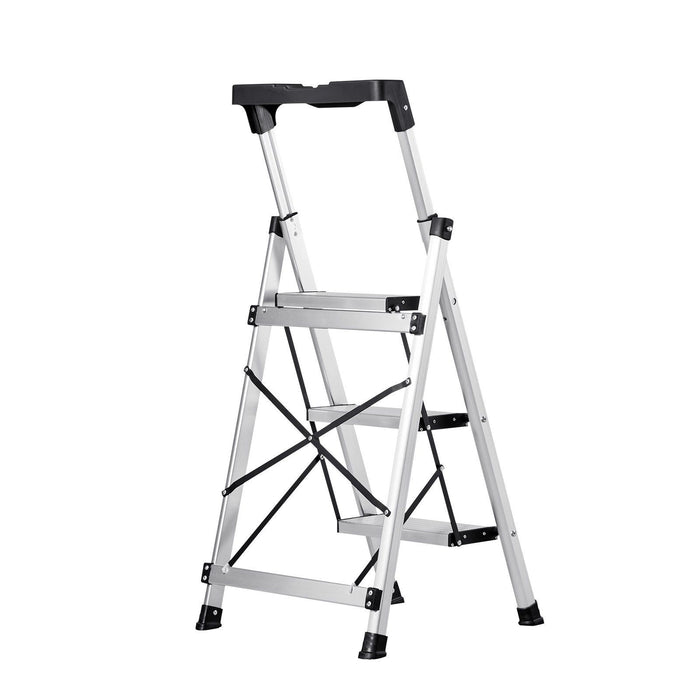 3 Step Ladder, Folding Step Stool with Wide Anti-Slip Pedal and Comfort Handgrip, 150 kg Capacity Portable Aluminum Stepladder, Multi-Use for Kitchen, Warehouse, Household and Office, Silver