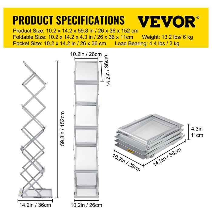 VEVOR Literature Rack, 6 Pockets, Pop up Aluminum Magazine Rack, Lightweight Catalog Holder Stand w/Carrying Bag for Living Room, Hotel, Trade Show, Exhibition, Office