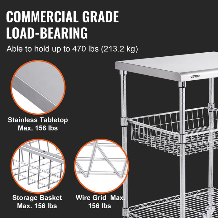 VEVOR Kitchen Utility Cart, 3 Tiers, Wire Rolling Cart with 213kg Capacity, Steel Service Cart on Wheels, Metal Storage Trolley with 76mm Basket Curved Handle PP Liner 6 Hooks, for Indoor and Outdoor