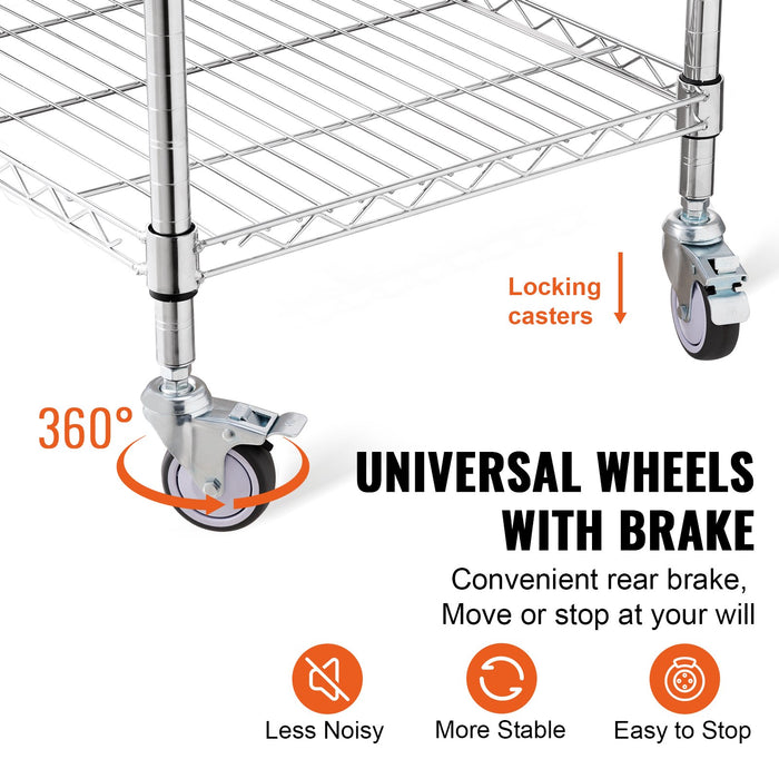 VEVOR Kitchen Utility Cart, 3 Tiers, Wire Rolling Cart with 213kg Capacity, Steel Service Cart on Wheels, Metal Storage Trolley with 76mm Basket Curved Handle PP Liner 6 Hooks, for Indoor and Outdoor