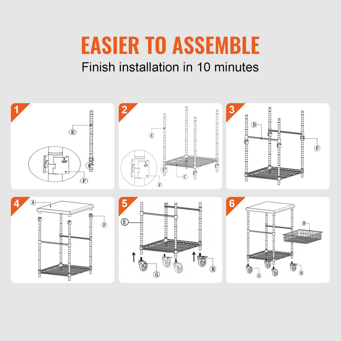 VEVOR Kitchen Utility Cart, 3 Tiers, Wire Rolling Cart with 213kg Capacity, Steel Service Cart on Wheels, Metal Storage Trolley with 76mm Basket Curved Handle PP Liner 6 Hooks, for Indoor and Outdoor