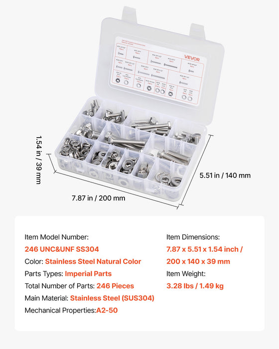 VEVOR 246 Pcs Bolts and Nuts Assortment Kit, Imperial Screws and Flat Washers, Stainless Steel 1/4-20,5/16-18,3/8-16, Spring Lock Washers for Furniture / Equipment /Vehicle Assembly with Case