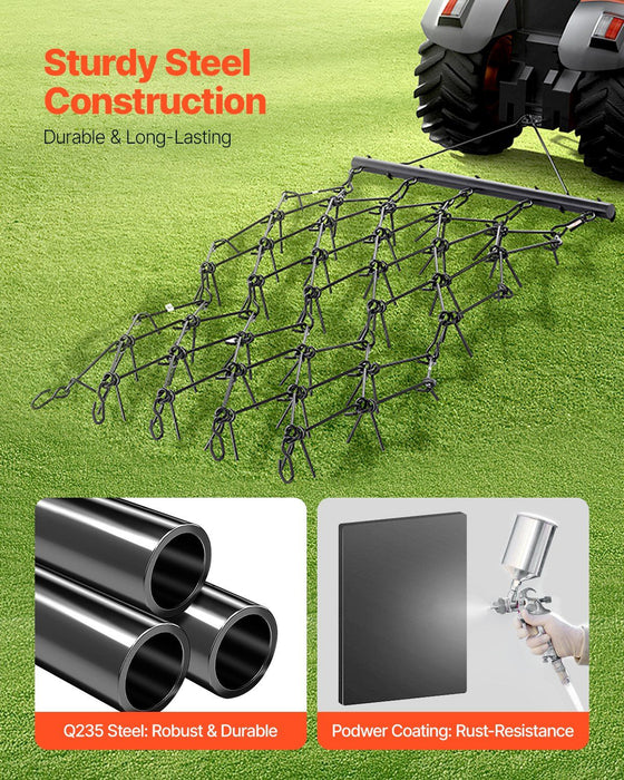 Drag Harrow, 1.2x1.7m Durable Chain Harrow with 80 Sharp Teeth, Suitable for ATV UTV Tractor, Ideal for Soil Preparation, Seeding, Smoothing Landscapes, and Yard Gravel Driveway Maintenance