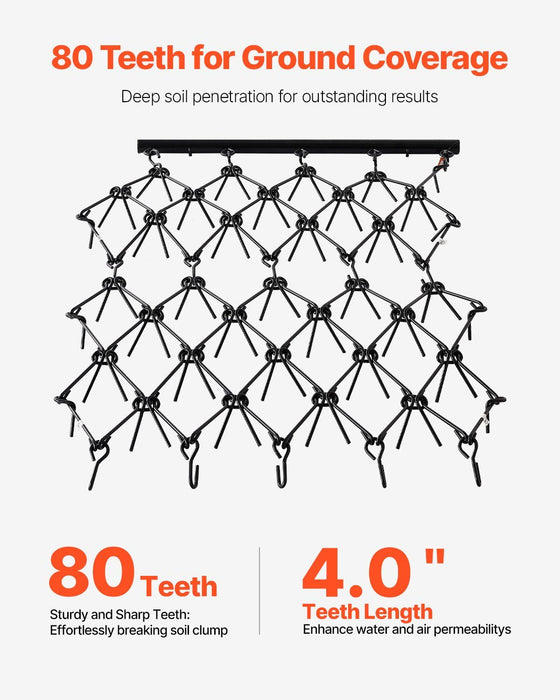 Drag Harrow, 1.2x1.7m Durable Chain Harrow with 80 Sharp Teeth, Suitable for ATV UTV Tractor, Ideal for Soil Preparation, Seeding, Smoothing Landscapes, and Yard Gravel Driveway Maintenance