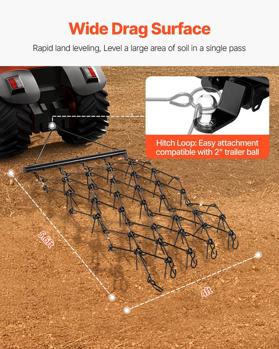 Drag Harrow, 1.2x1.7m Durable Chain Harrow with 80 Sharp Teeth, Suitable for ATV UTV Tractor, Ideal for Soil Preparation, Seeding, Smoothing Landscapes, and Yard Gravel Driveway Maintenance