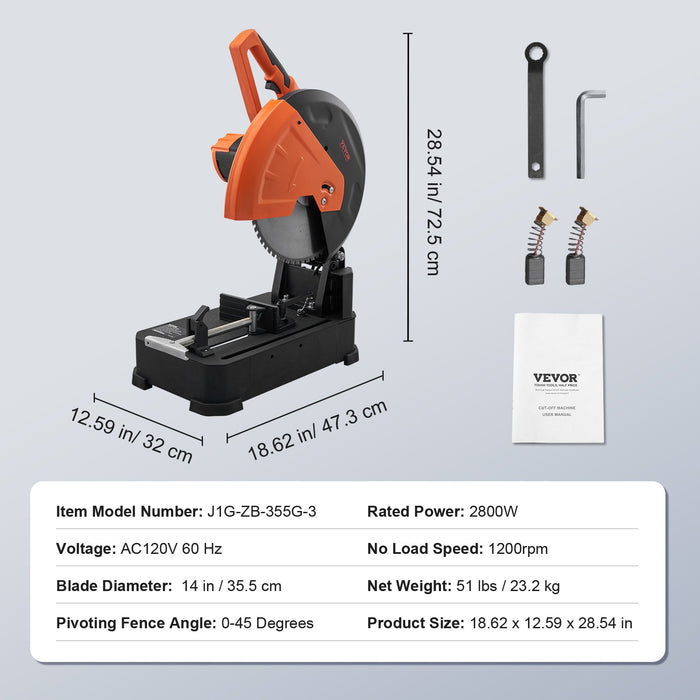 VEVOR Chop Saw, 14"/355mm Blade Diameter Cut Off Saw, 2800W 1200RPM Steel Cutting Machine, Adjustable Dry Cut Chop Saw, Miter Saw for Cutting Metal Cold Cut Saw for Steel/Rebar/Iron/Aluminum