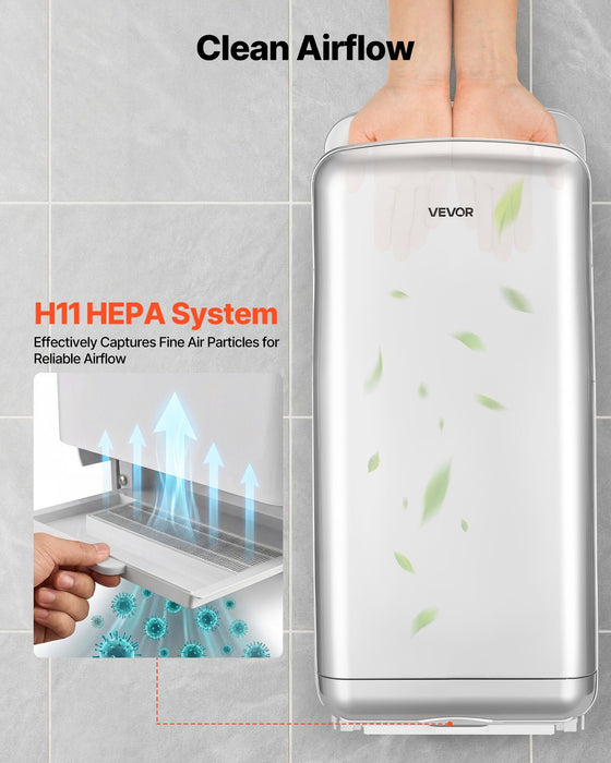 Vertical Hand Dryer, Hand Dryers with HEPA Filter, 19000 RPM High-Speed Motor, Dual-Side Airflow, ABS Sturdy Automatic Air Wall Mount Fast Drying for Commercial Bathrooms Modern Home, Silver
