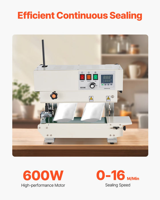 VEVOR Continuous Bag Band Sealing Machine, 6-12 mm Sealing Width, Vertical Band Sealer Machine with Digital Temperature Control, Carbon Steel Bag Sealer for 0.02-0.8 mm Plastic Bags Films Membrane