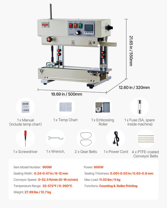 Continuous Bag Band Sealing Machine, 6-12 mm Seal Width, Vertical Band Sealer Machine with Roller Printing , Temp & Speed Adjustable, Commercial Heat Sealer Machine for 0.03-0.8 mm Plastic Bags