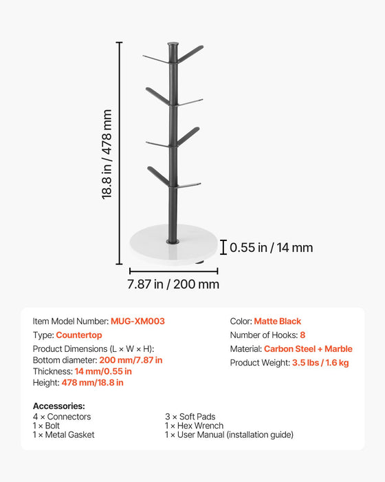 VEVOR Mug Holder Tree with Marble Base 8 Hooks Cup Tree Rack for Counter Kitchen