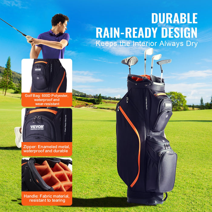 VEVOR Golf Cart Bag with 14 Way Organizer Divider Top, 36â€?13 Pockets Premium Cart Bag, Durable 600D Polyester Fabric Golf Bags with Handles & Dust Cover & Detachable Straps for Men & Women, Black & Orange