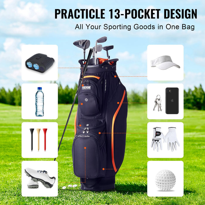 VEVOR Golf Cart Bag with 14 Way Organizer Divider Top, 36â€?13 Pockets Premium Cart Bag, Durable 600D Polyester Fabric Golf Bags with Handles & Dust Cover & Detachable Straps for Men & Women, Black & Orange
