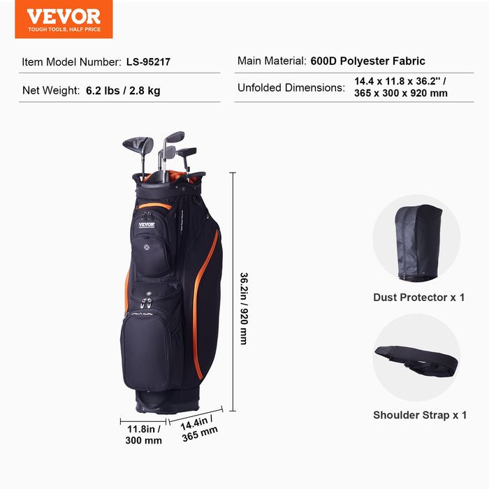 VEVOR Golf Cart Bag with 14 Way Organizer Divider Top, 36â€?13 Pockets Premium Cart Bag, Durable 600D Polyester Fabric Golf Bags with Handles & Dust Cover & Detachable Straps for Men & Women, Black & Orange
