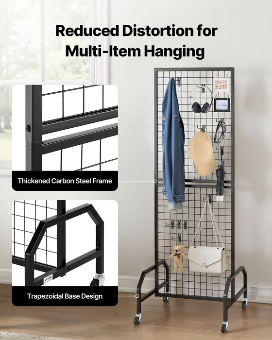 VEVOR 3 Packs Grid Wall Panels, 600 x 1640mm Wire Grid Panels Display Rack, Movable Art Display Shelf with Wheels and 30 Hooks, Black Carbon Steel Gridwall for Craft Show, Decor, Storage, Notice Board