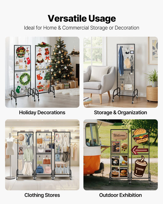 VEVOR 3 Packs Grid Wall Panels, 600 x 1640mm Wire Grid Panels Display Rack, Movable Art Display Shelf with Wheels and 30 Hooks, Black Carbon Steel Gridwall for Craft Show, Decor, Storage, Notice Board