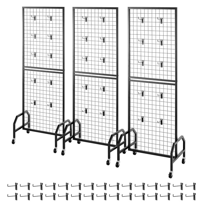 VEVOR 3 Packs Grid Wall Panels, 600 x 1640mm Wire Grid Panels Display Rack, Movable Art Display Shelf with Wheels and 30 Hooks, Black Carbon Steel Gridwall for Craft Show, Decor, Storage, Notice Board