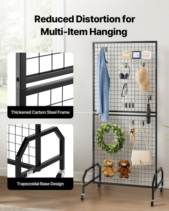 VEVOR 2 Packs Grid Wall Panels, 898 x 1798 mm Wire Grid Panels Display Rack, Movable Art Display Shelf with Wheels & 10 Hooks, Black Carbon Steel Gridwall for Craft Show, Decor, Storage, Notice Board