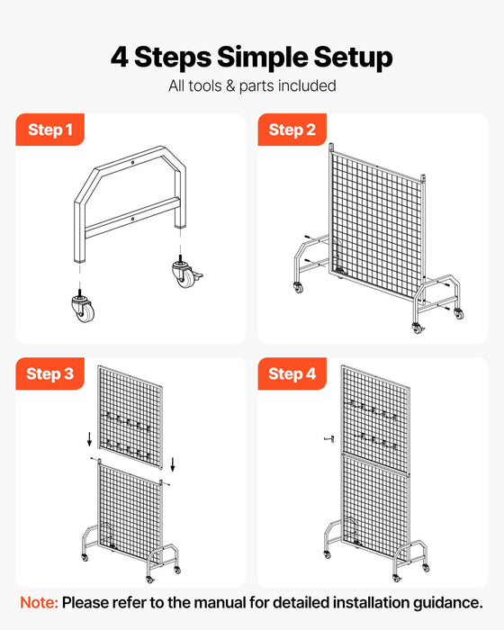 VEVOR 2 Packs Grid Wall Panels, 898 x 1798 mm Wire Grid Panels Display Rack, Movable Art Display Shelf with Wheels & 10 Hooks, Black Carbon Steel Gridwall for Craft Show, Decor, Storage, Notice Board