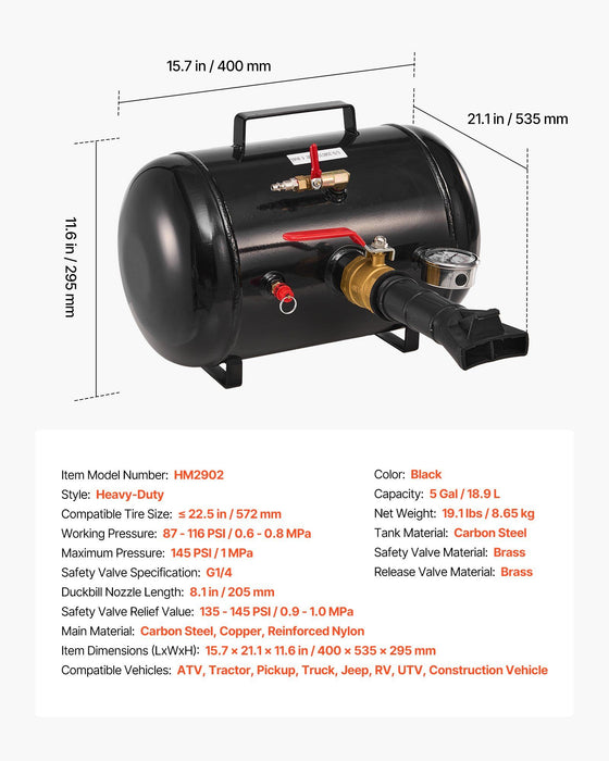 Air Tire Bead Seater, 5 Gal / 18.9 L, Heavy Duty Tire Bead Blaster Tool, 87-116 PSI Operating Pressure, Air Trigger Seating Inflator for Pickup, Truck, ATV, Jeep, Van, Lawn Tractor, RV, Black