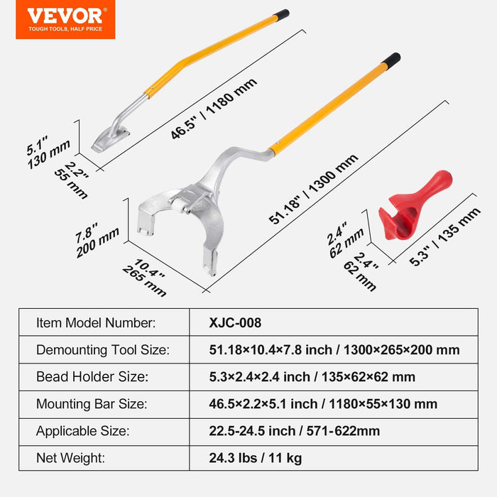 VEVOR Tire Mount Demount Tool, 571- 622 mm Manual Steel Tire Changer Mount Demount Removal Tool, with Extra Bead Holder, Tubeless Truck Bead Breaker, 3 PCS Tire Changing Tools, Orange