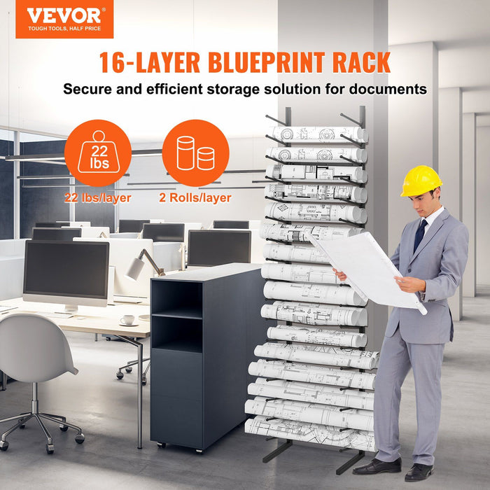Blueprint Storage Rack, Hanging Poster Display Rack 16-Tier, Vertical Blueprint Roll File Holder 2 Rolls/tire, Roll File Storage Rack for Blueprint Map Poster