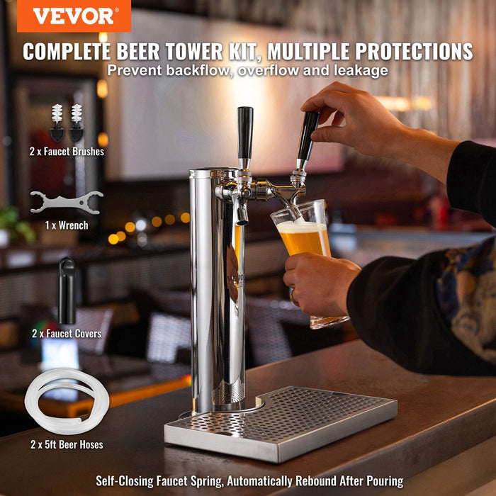 Dual Taps Draft Beer Tower Dispenser, Stainless Steel Keg Beer Tower, Kegerator Tower Kit with Pre-Assembled Tubing and Self-Closing Faucet Shanks for Party, Bar, Pub, Restaurant