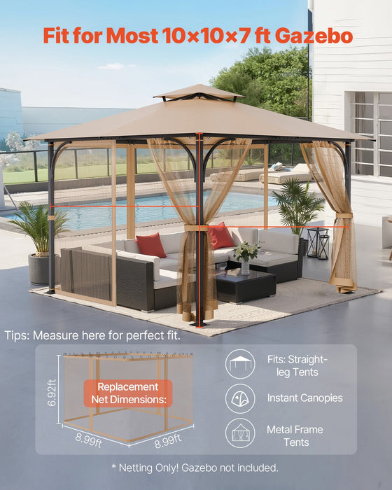 VEVOR Gazebo Netting Replacement, Fit Most 10 x 10 x 7 FT Gazebo Curtain, Outdoor Garden Net, 4-Panel Sidewall Mesh Net, Patio Midge Netting with Double Zipper, Canopy Screen (Netting Only)