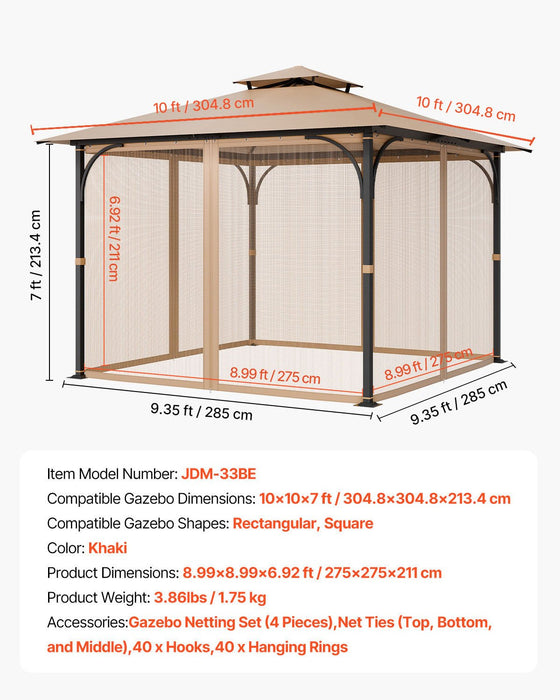 VEVOR Gazebo Netting Replacement, Fit Most 10 x 10 x 7 FT Gazebo Curtain, Outdoor Garden Net, 4-Panel Sidewall Mesh Net, Patio Midge Netting with Double Zipper, Canopy Screen (Netting Only)