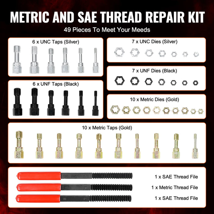 VEVOR 49-Piece Thread Chaser Set, UNC UNF and Metric Thread Restorer Tool, Rethreading Tool Kit with 22 Taps 24 Dies 3 Thread Files Storage Case, Heat Treated Steel, for Mechanics DIY Enthusiasts