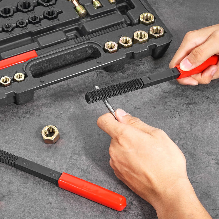 VEVOR 49-Piece Thread Chaser Set, UNC UNF and Metric Thread Restorer Tool, Rethreading Tool Kit with 22 Taps 24 Dies 3 Thread Files Storage Case, Heat Treated Steel, for Mechanics DIY Enthusiasts