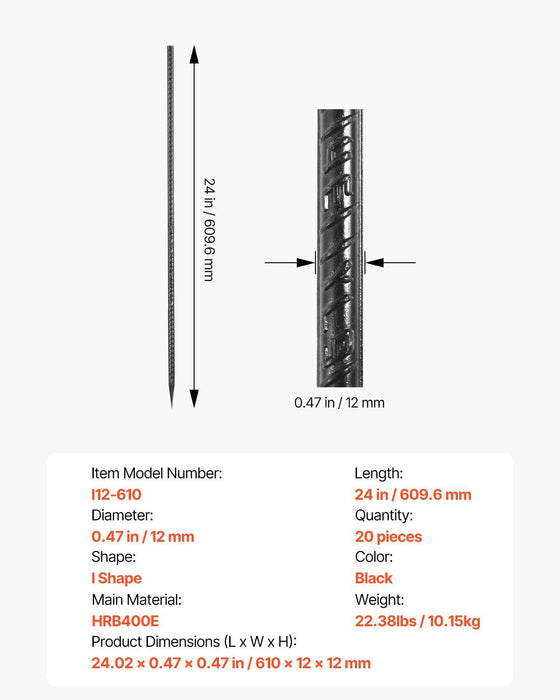 Rebar Stakes, 609.6 mm, Heavy-Duty 12 mm Diameter, Straight Galvanized Steel Ground Anchors with Chisel Point End & Rust-Resistant Coating, for Gardening Support, Fence, Camping Tents (20-Pack)