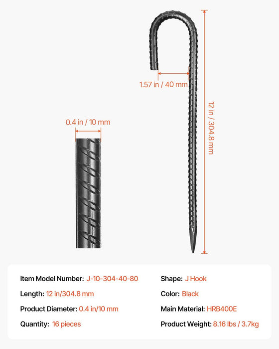 Rebar Stakes, 304.8 mm, Heavy-Duty 10 mm Diameter J Hook, Galvanized Steel Ground Anchors with Chisel Point End & Rust-Resistant Coating, for Gardening Support, Fence, Camping Tents (16-Pack)