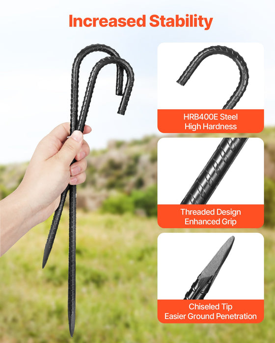 VEVOR Rebar Stakes, 406.4 mm, Heavy-Duty 10 mm Diameter J Hook, Galvanized Steel Ground Anchors with Chisel Point End & Rust-Resistant Coating, for Gardening Support, Fence, Camping Tents (24-Pack)